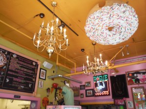 The good news is Voodoo Doughnuts has some pretty cool chandeliers to look at that are far enough out of reach to avoid damaging them (and people's heads)! The bad news: you'll have to look at them and the other tall-people-friendly decorations for a long time since the line is always long!
